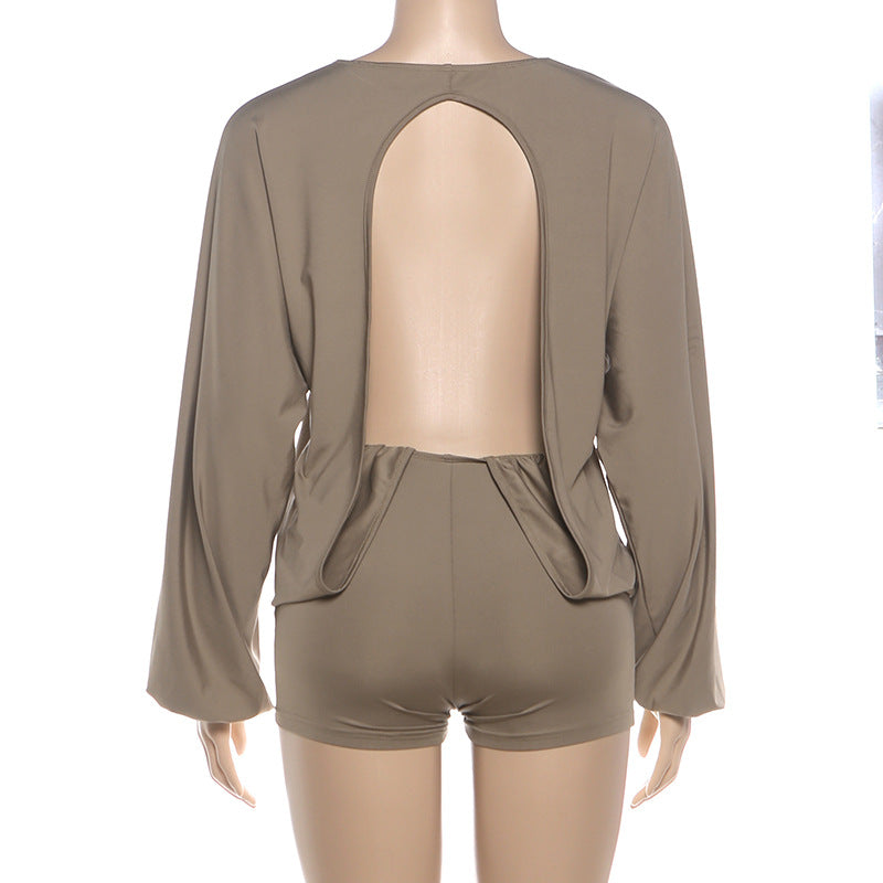 Khaki Backless Jumpsuit - Long Sleeve Ruched Bodycon Romper