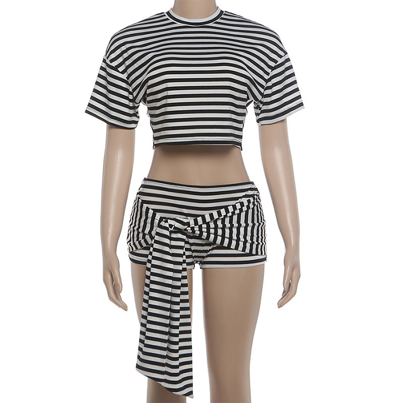 Summer Women Sexy Cropped T shirt Ribbon Shorts Striped Two Piece Sets
