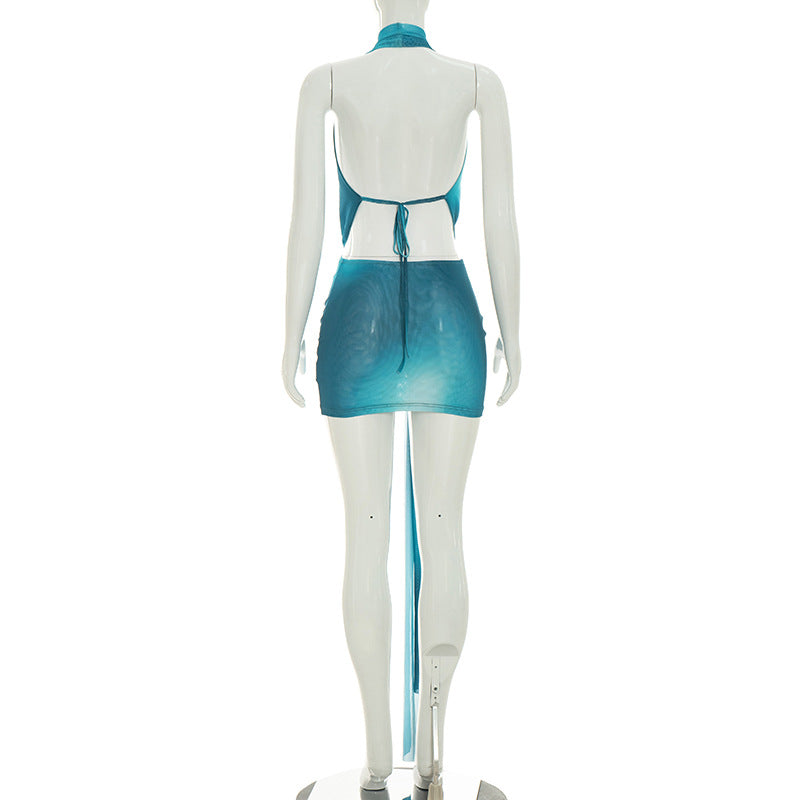 Backless Cowl Neck Top & Short Skirt Two-Piece Set | Cutout Tie Vacation Set | 3 Colors
