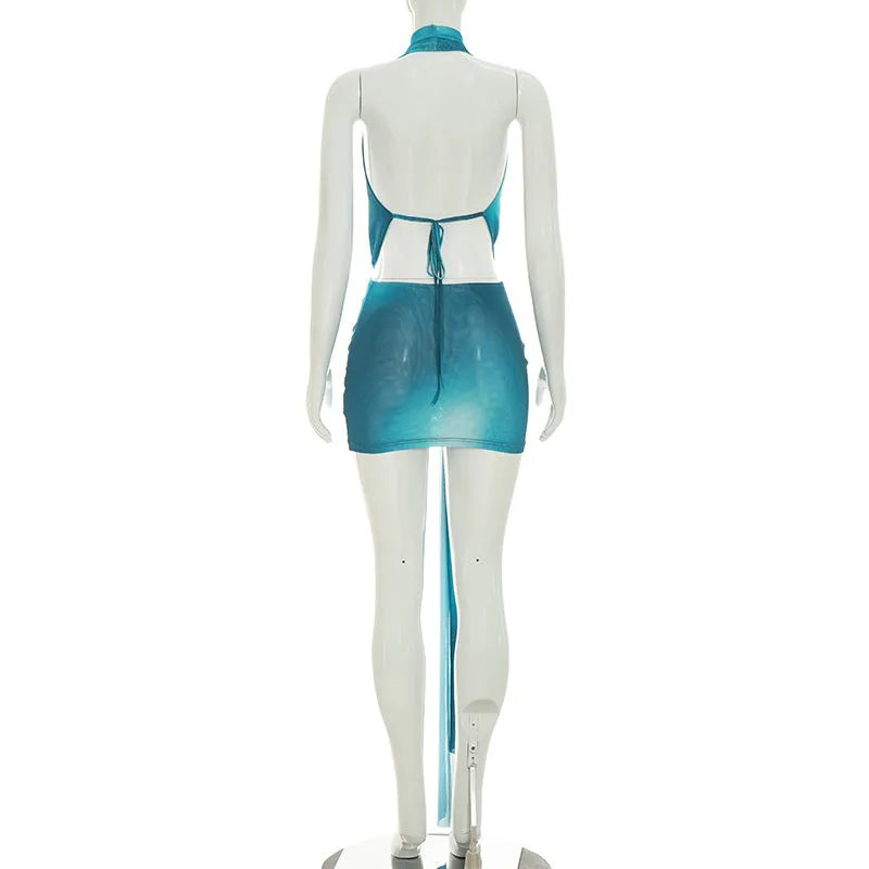 Backless Cowl Neck Top & Short Skirt Two-Piece Set | Cutout Tie Vacation Set | 3 Colors