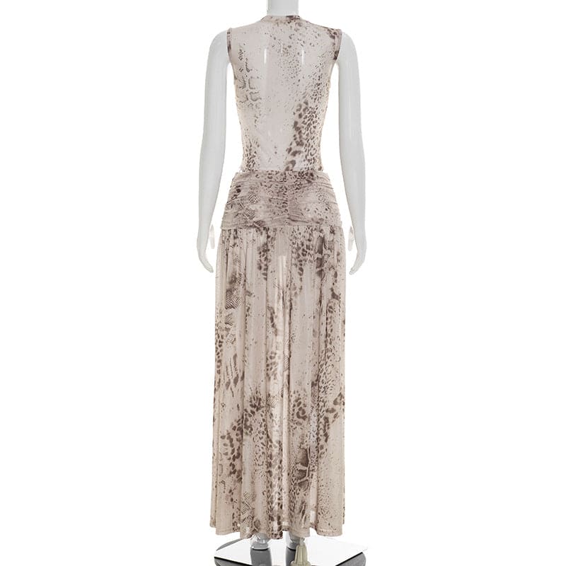 Light Gray Snake Print Jumpsuit & Maxi Slit Skirt Set - Mesh Ruched Twisted 2-Piece Set