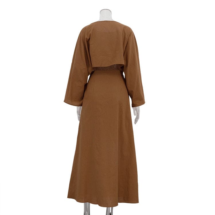 Brown Cotton Crop Top & High-Waist Maxi Skirt Set - Long Sleeve Elegant 2-Piece Set