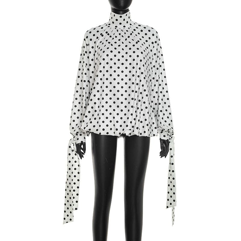 Women's Polka Dot Long Sleeve Mini Dress – High Neck Drawstring Bodycon Dress