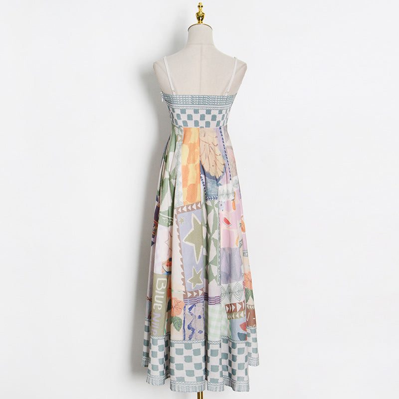 Geometric Print Spaghetti Strap Maxi Dress - High Waist A-Line Boho Vacation Dress