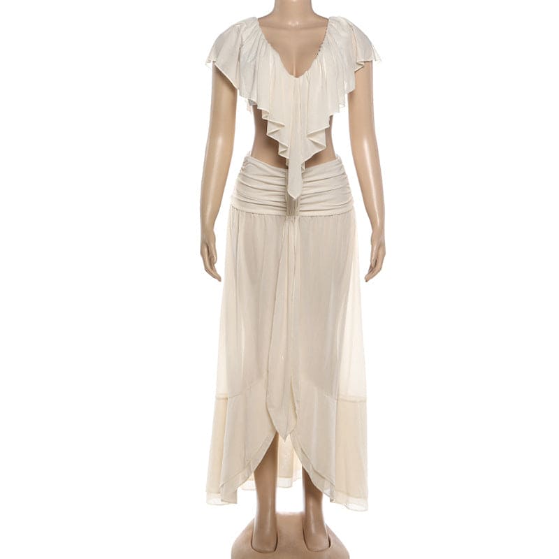 Apricot Chiffon Lace Collar Blouse & Midi Skirt Set - Ruched Ruffle V-Neck 2-Piece Set
