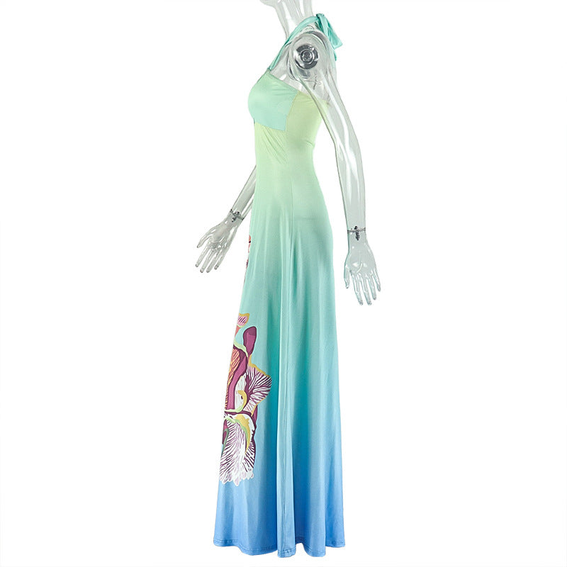 Turquoise Floral Ombre Halter Maxi Dress - Ruched Cutout A-Line Dress