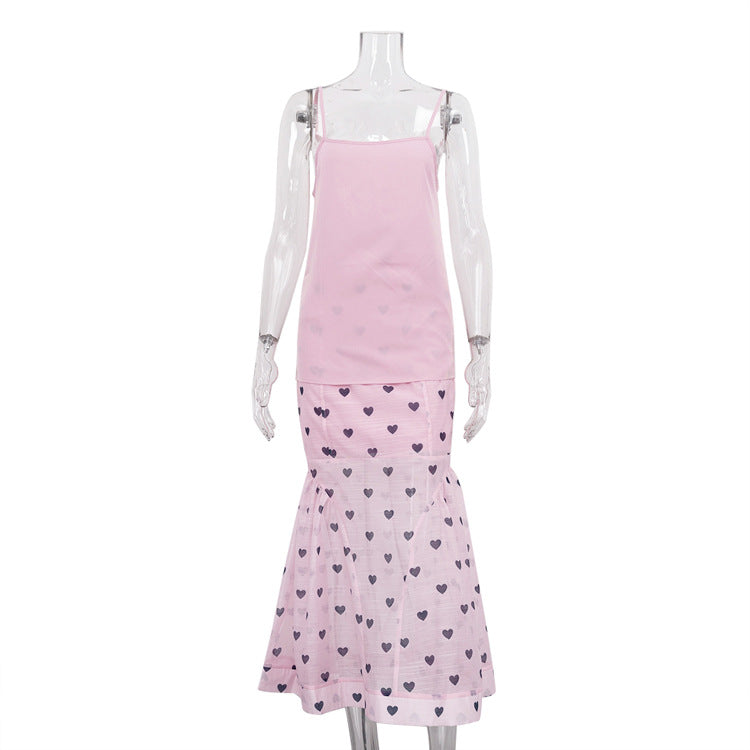 Women’s Three Piece Skirt Set – Elegant Heart Print Top and Maxi Skirt