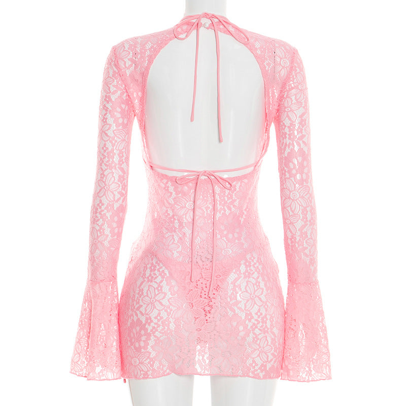 Boho 3-Piece Bikini Set - Halter Triangle Top, Bottoms & Lace Cover-Up Dress