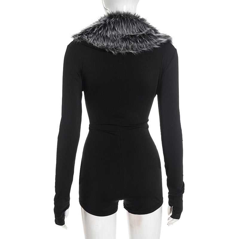 Fur Collar V-Neck Long Sleeve Romper – Elegant Tight-Fitting Autumn Winter Wear