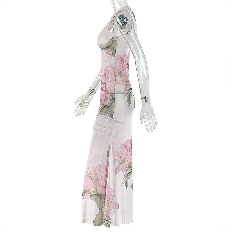 Apricot Pink Floral V-Neck Maxi Dress - Ruched Sleeveless Bodycon Dress