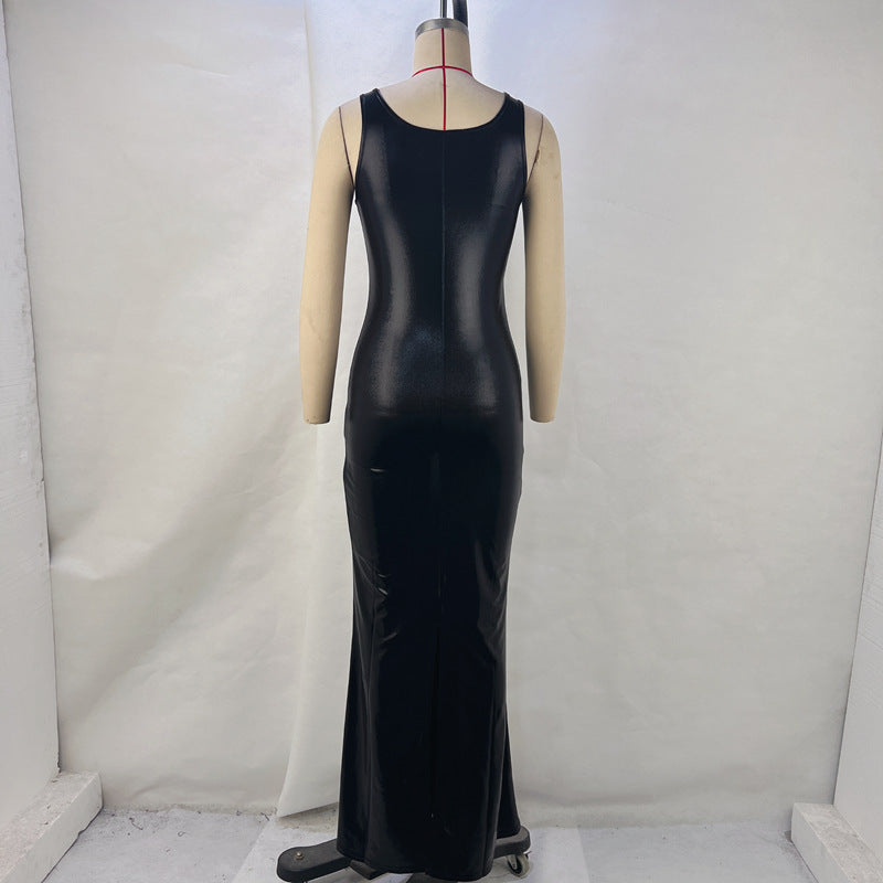 Sexy Faux Leather Split Maxi Dress