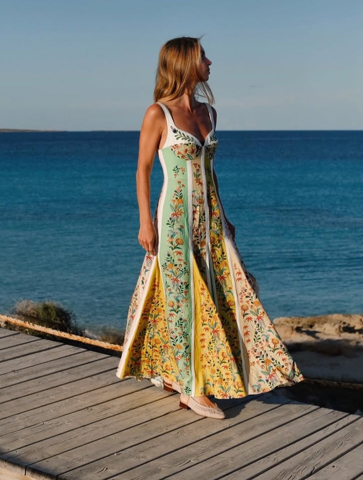 Floral Linen Maxi Dress - Suspender Strap V-Neck Vacation Dress