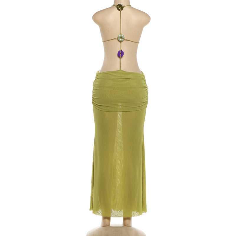 Green Mesh Halter Maxi Dress - Backless Cutout Ruched Bodycon Party Dress