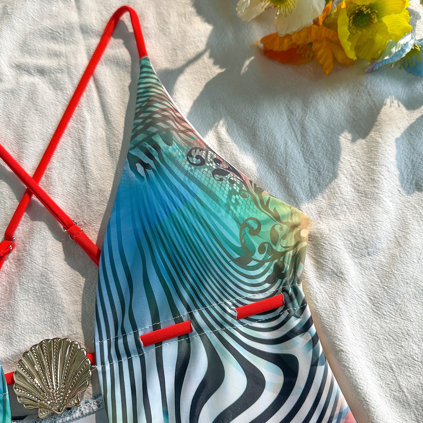 Boho Abstract Print One-Piece Swimsuit - Deep V Backless Cutout Swimwear