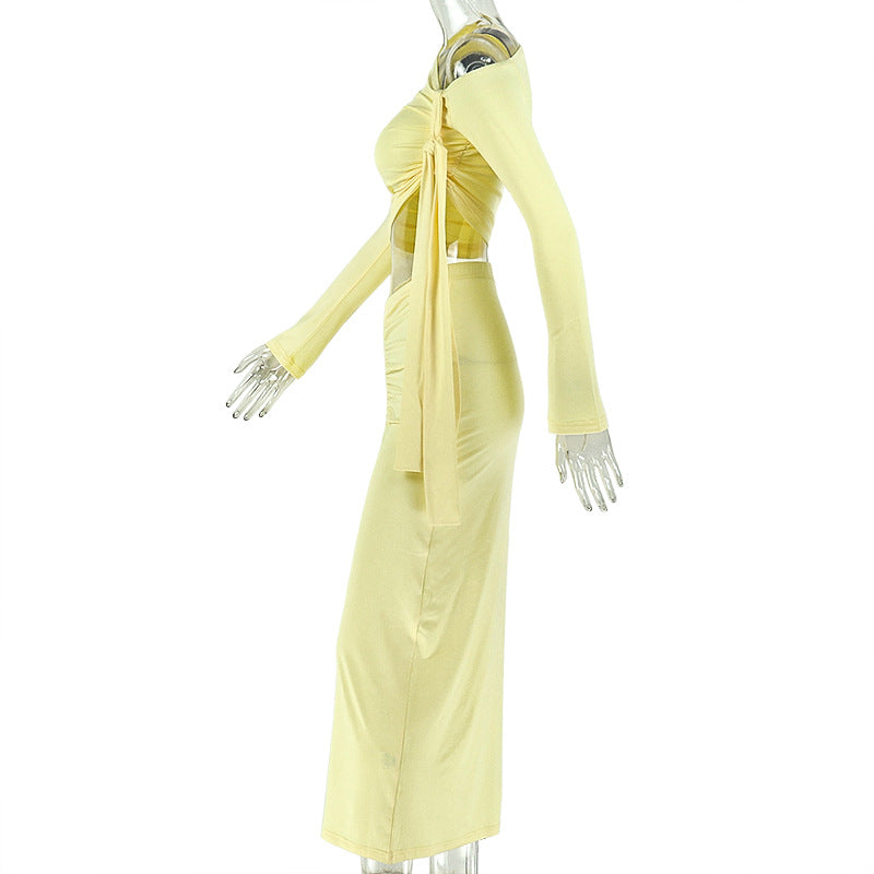 One Shoulder Asymmetric Crop Top & Midi Skirt Set | Ruched Long Sleeve Two-Piece Set | Yellow | Sizes S-L