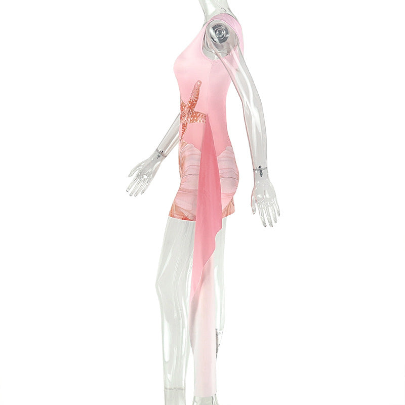 Graphic Print Bodycon Mini Dress | Asymmetric Crew Neck Sleeveless Party Dress | Pink