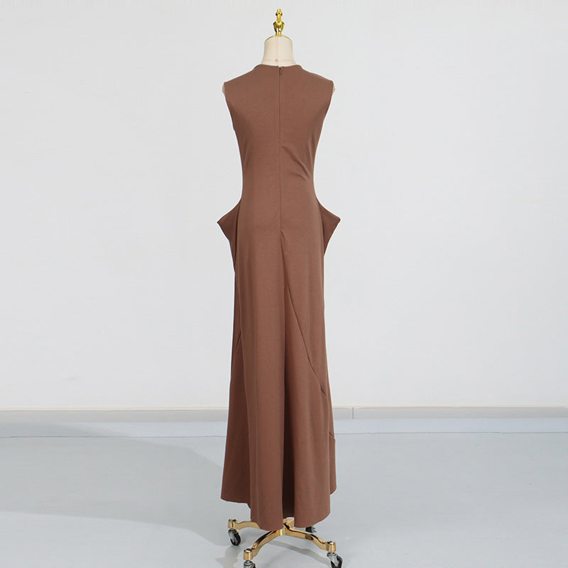 Brown Elegant Pleated V-Neck Maxi Dress