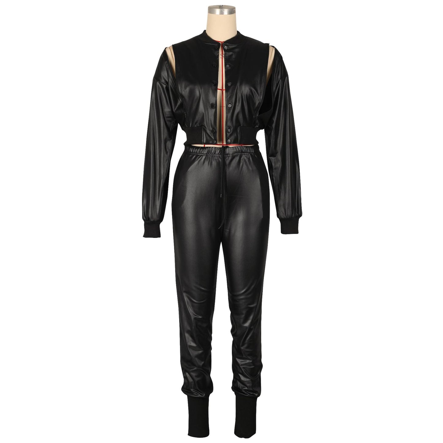 Zippered Faux Leather Two-Piece Outfit
