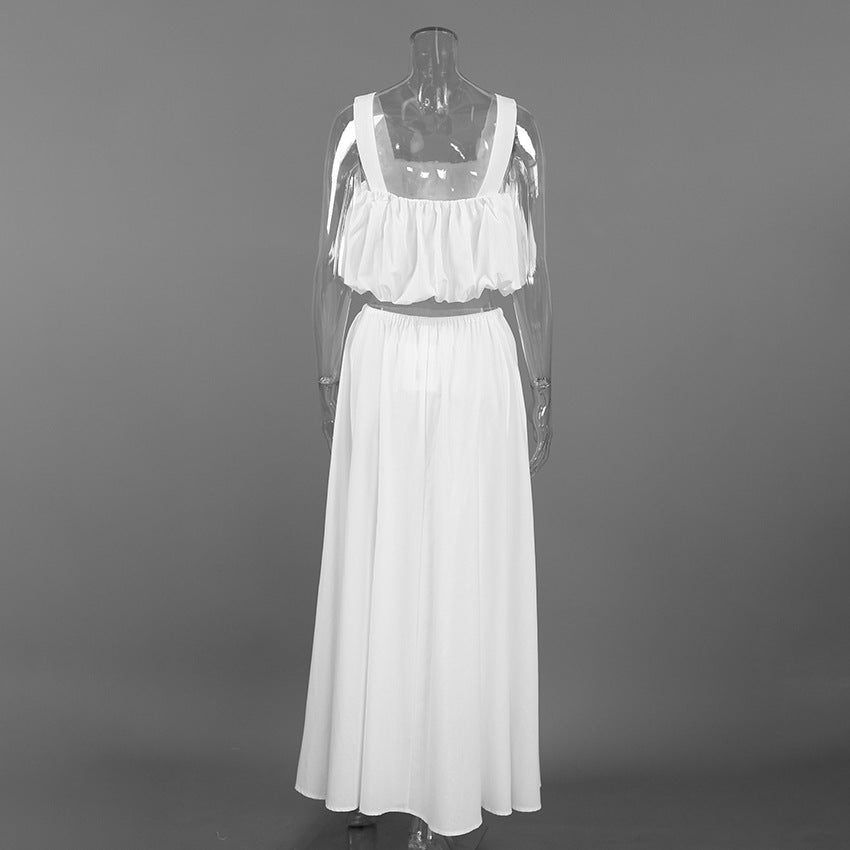 Cotton Square Neck Crop Vest & Maxi Skirt Two-Piece Set | Sleeveless Elegant Summer Set | White | Sizes S-L