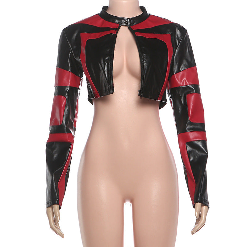Women’s Cropped Leather Jacket – Slim Fit Zipper Motorcycle Coat, Color Block