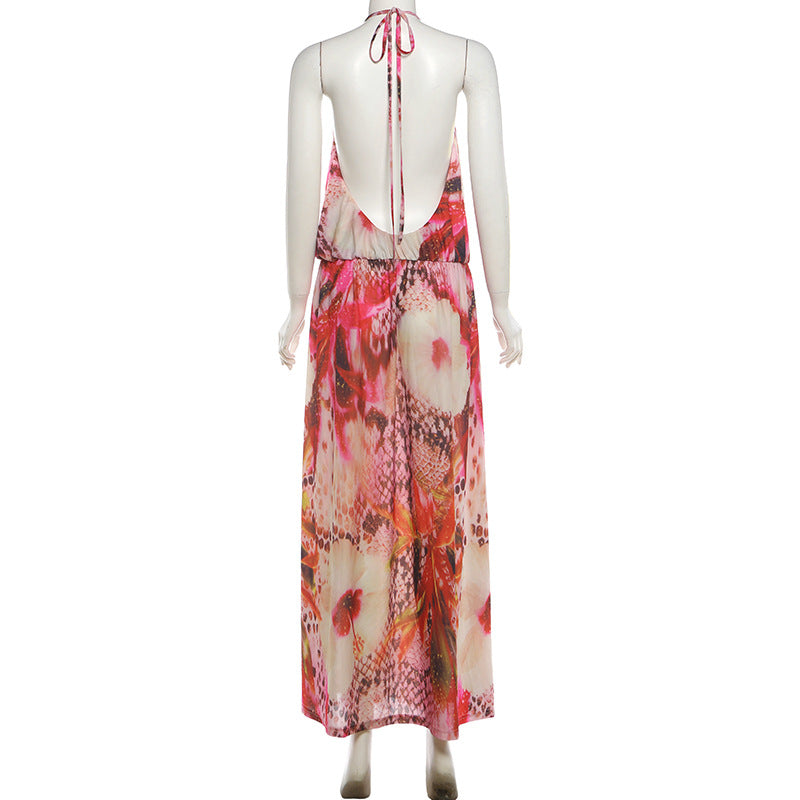 Women's Halter Backless Maxi Dress – Sexy V-Neck Split A-Line Summer Dress