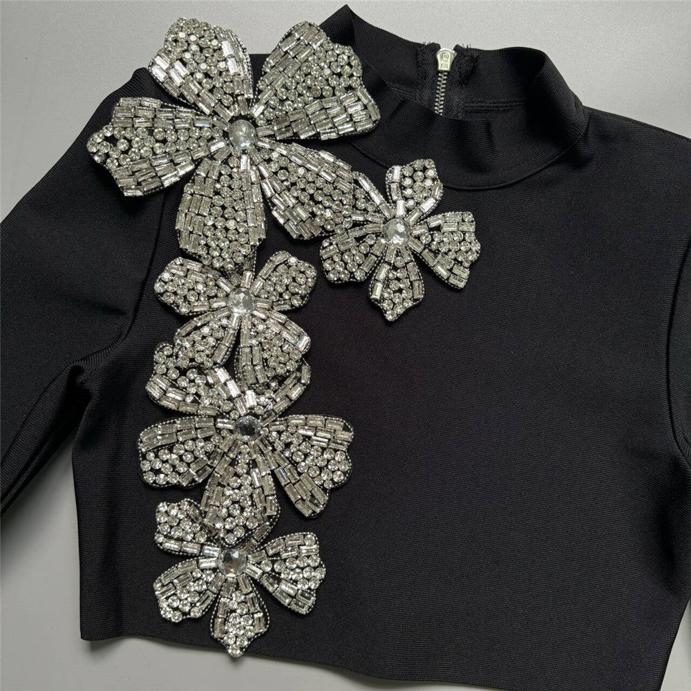 Luxury Black Half-Turtleneck Long Sleeve Bandage Skirt Set - Two Piece Bodycon