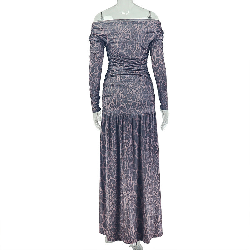Women's Leopard Print Maxi Dress – Off-Shoulder Long Sleeve Backless Split Dress