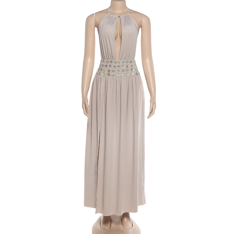 Deep V Halter Maxi Dress - Sequin Backless Cutout Ruched Split Vacation Dress