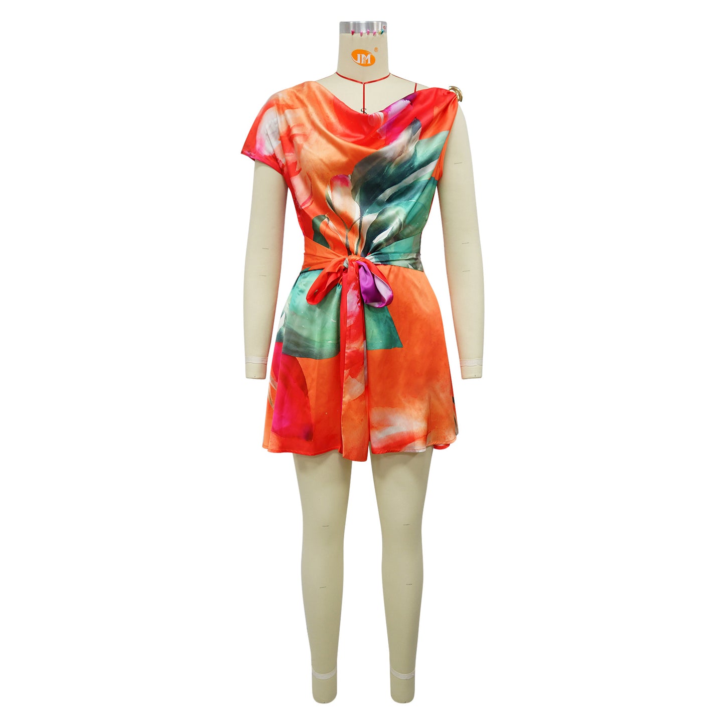 Women’s Elegant One-Shoulder Backless Jumpsuit – Asymmetric Printed Belted Sleeveless Romper