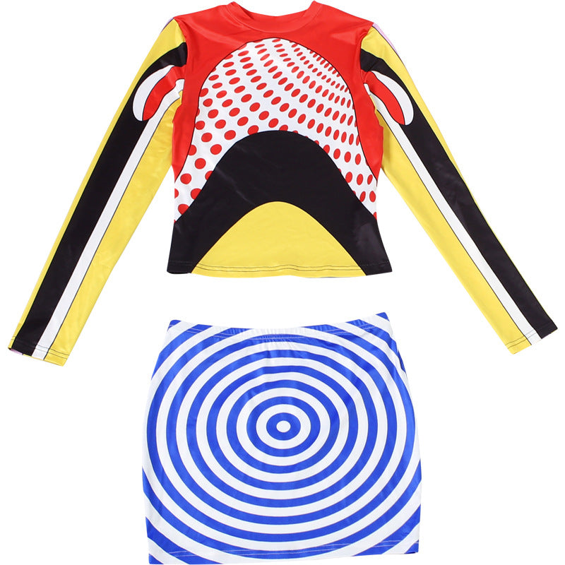 Women's Color Block Two-Piece Set – Long Sleeve Crop Top & Mini Skirt