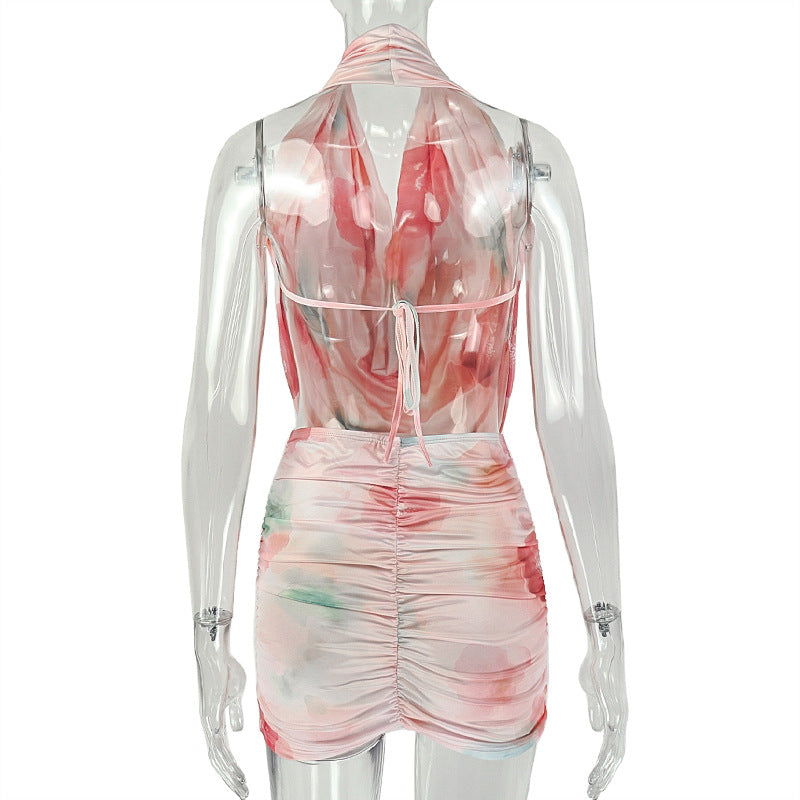 Printed Cowl Neck Backless Ruched Crop Top & Mini Skirt Set | Sleeveless Sexy Two-Piece Set | Pink | Sizes S-L