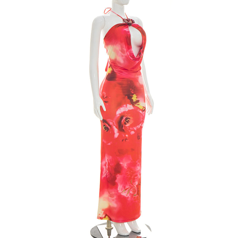 Red Floral Halter Maxi Dress - Backless Cutout Tie-Up Vacation Dress