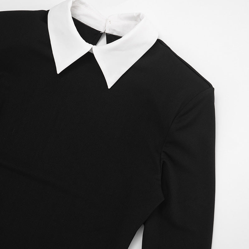 Women’s Patchwork Polo Collar Mini Dress – Color Block Slim Fit Daily Wear