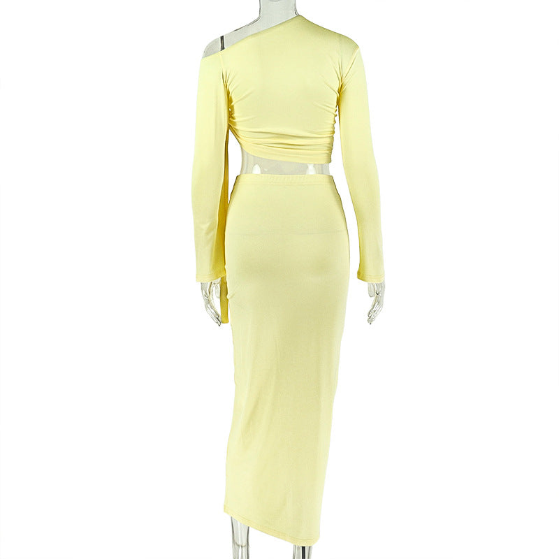 One Shoulder Asymmetric Crop Top & Midi Skirt Set | Ruched Long Sleeve Two-Piece Set | Yellow | Sizes S-L