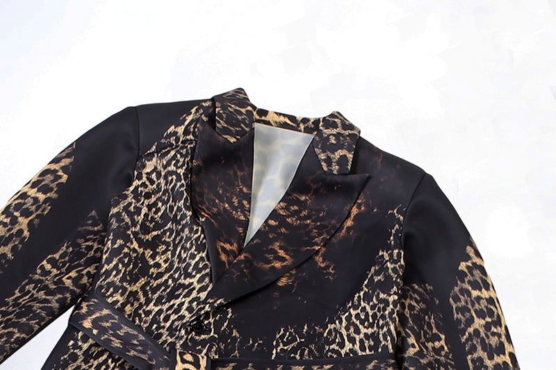 Women’s Leopard Print Belted Trench Coat – Casual Extra-Long Animal Print Coat