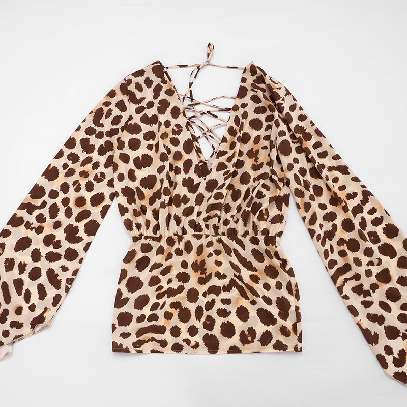 Leopard Print Deep V Lace-Up Cutout Ruched Mini Dress | Long Sleeve Backless Bodycon Dress | Sizes S-L