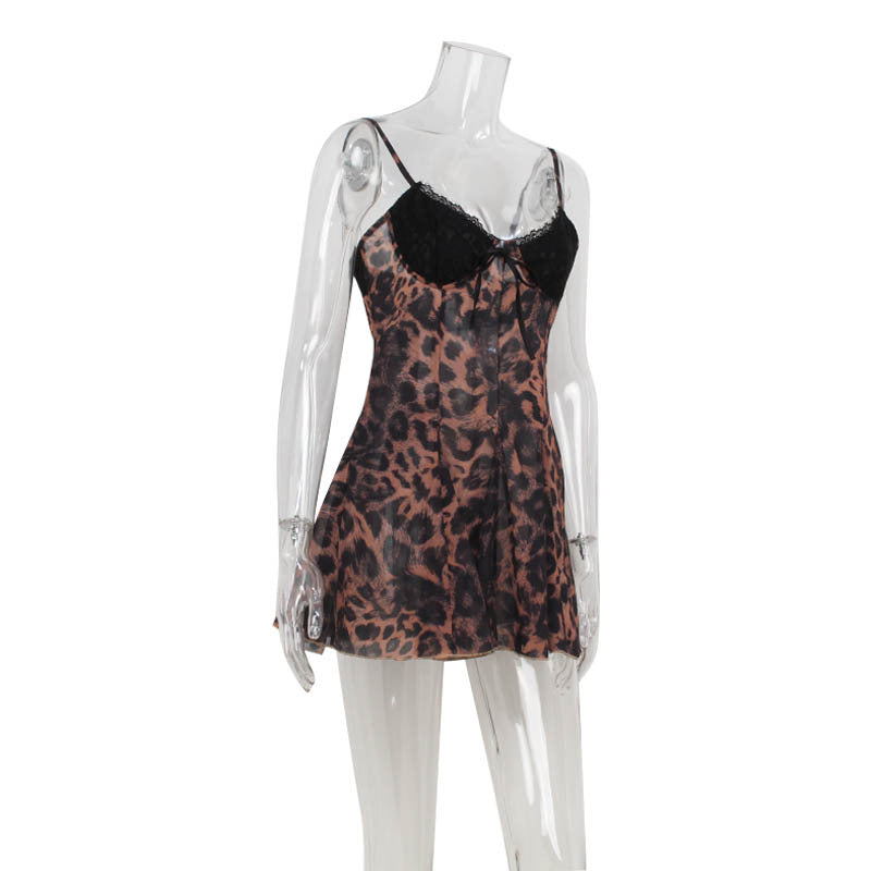 Leopard Print Mini Dress: Strappy Low Cut Lace Bodycon