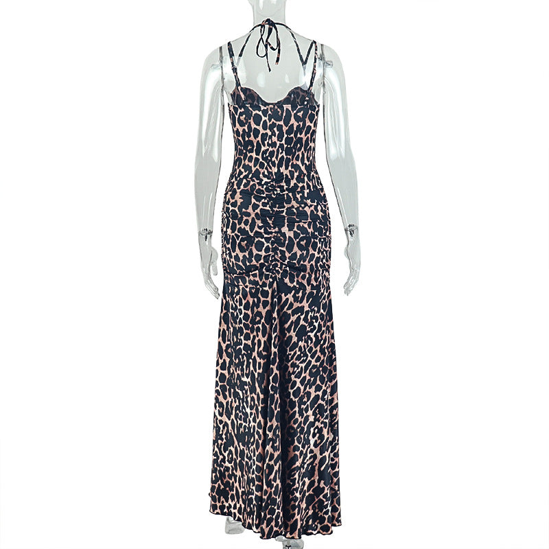 Leopard Print Corset Halter Split Maxi Dress | Backless Ruched Bodycon Formal Dress | Sizes S-L