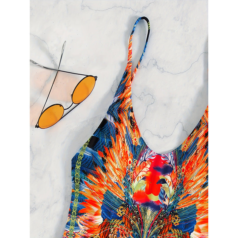 Red Printed Backless One-Piece Swimsuit - Boho Vacation Beach Swimwear