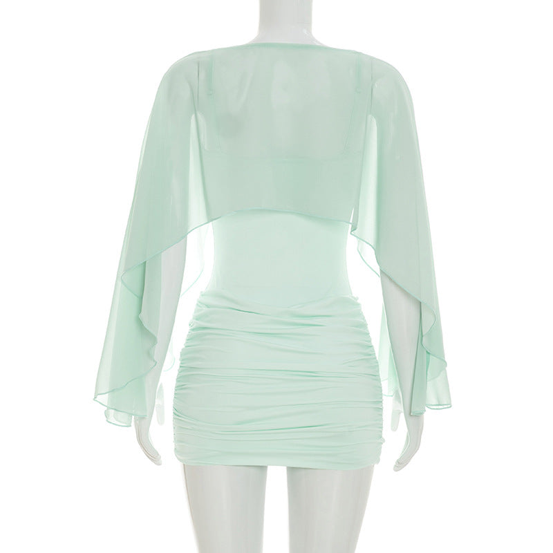 Solid Ruched Long Sleeve Bodycon Mini Dress - Crew Neck Elegant Everyday Dress