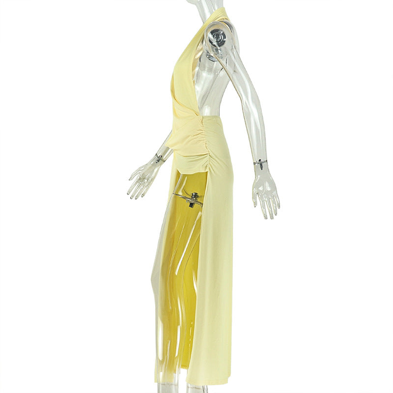 Yellow Halter Backless Maxi Dress - Asymmetric Tie Split Bodycon Party Dress