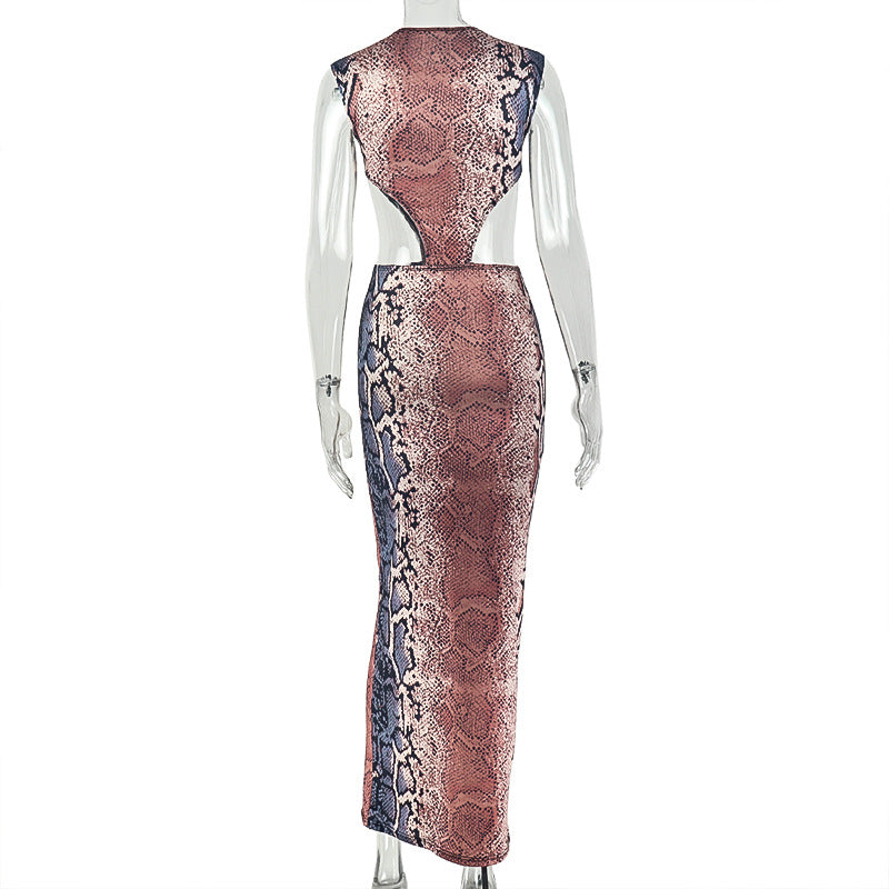 Women's Snake Print Bodycon Maxi Dress – Sexy Backless Cutout Crew Neck Dress