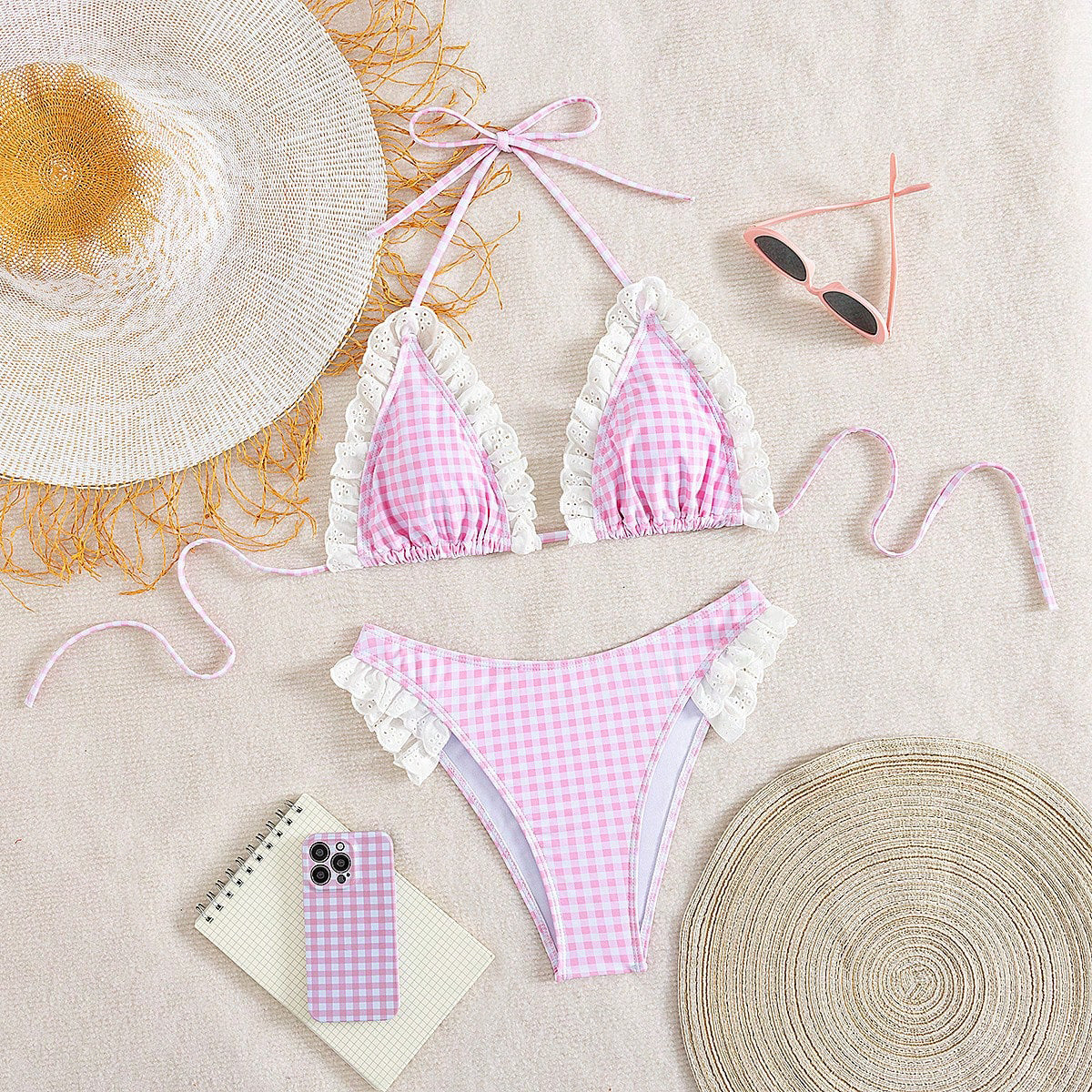 Lace Plaid Halter Bikini Set - Flounced Two Piece Swimsuit