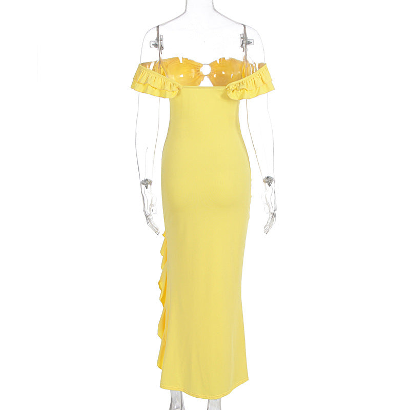 Yellow Off Shoulder Cutout Maxi Dress - Ruffle Ring Detail Party Dress