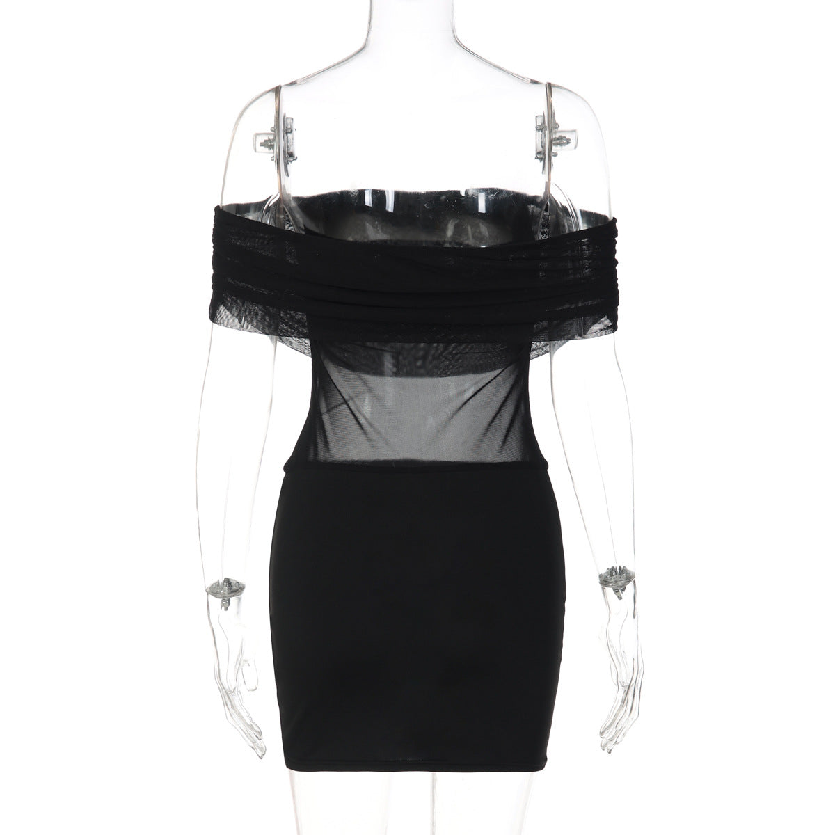 Mesh Off Shoulder Bodycon Dress - Sheer Panel Mini Dress