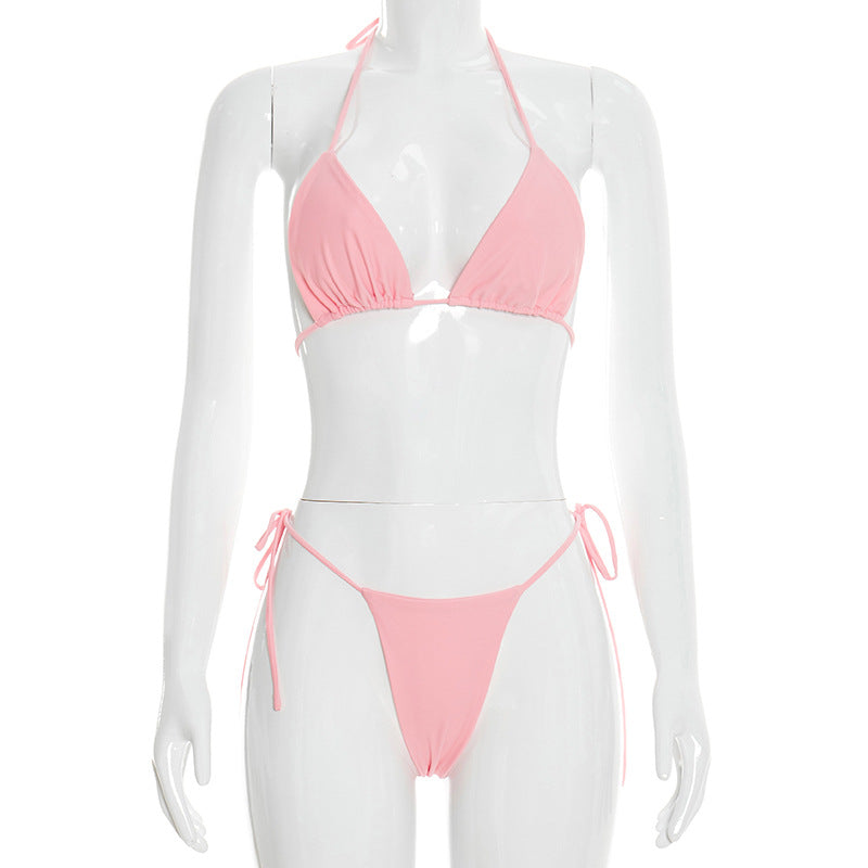 Boho 3-Piece Bikini Set - Halter Triangle Top, Bottoms & Lace Cover-Up Dress