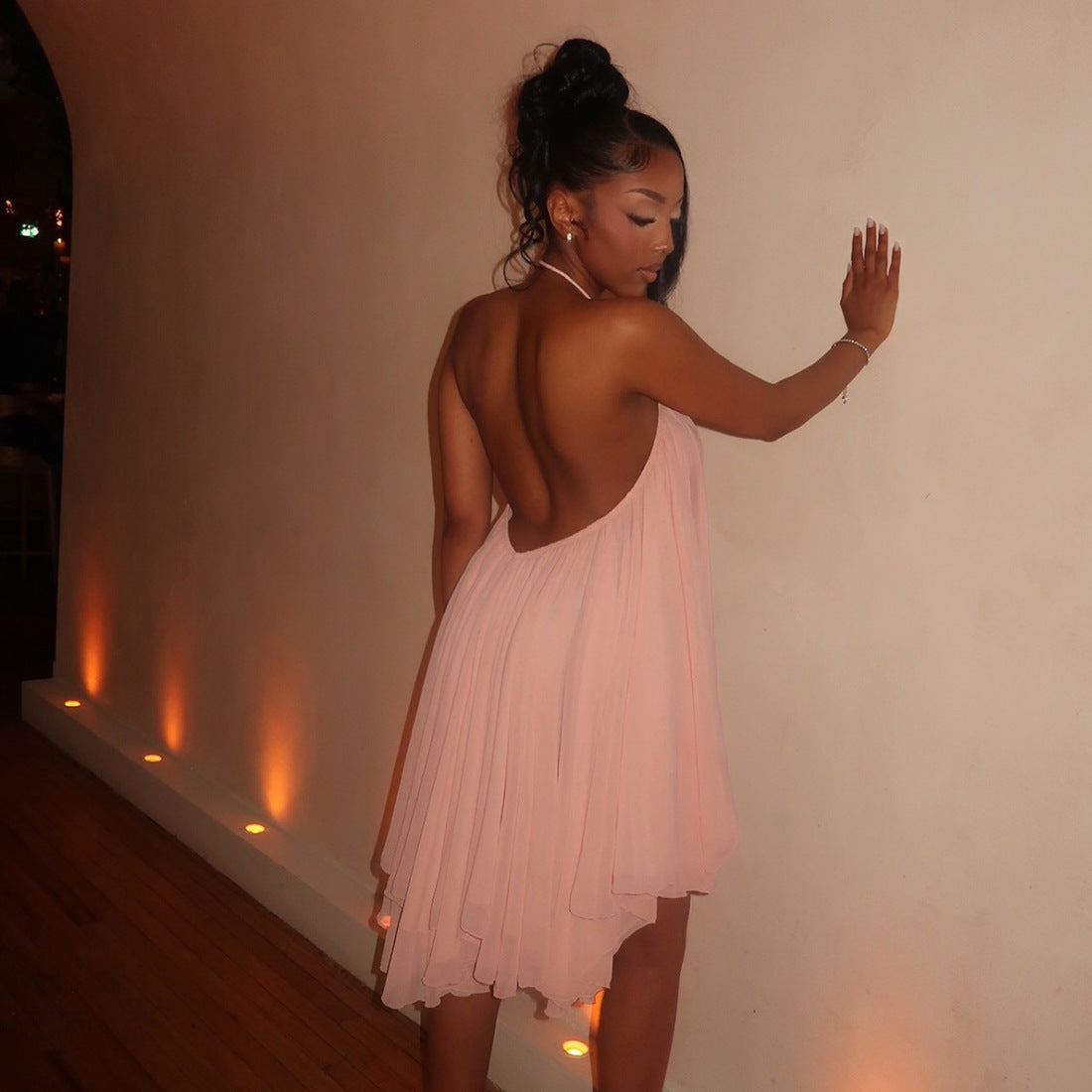 Halter Lace-Up Backless Mini Dress - Tie Neck A-Line Summer Dress