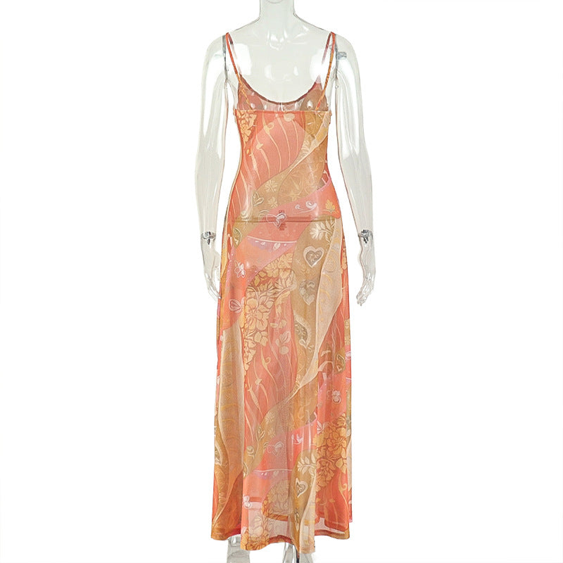 Printed Spaghetti Strap Backless Maxi Dress | Boho Tie Vacation Dress | Orange