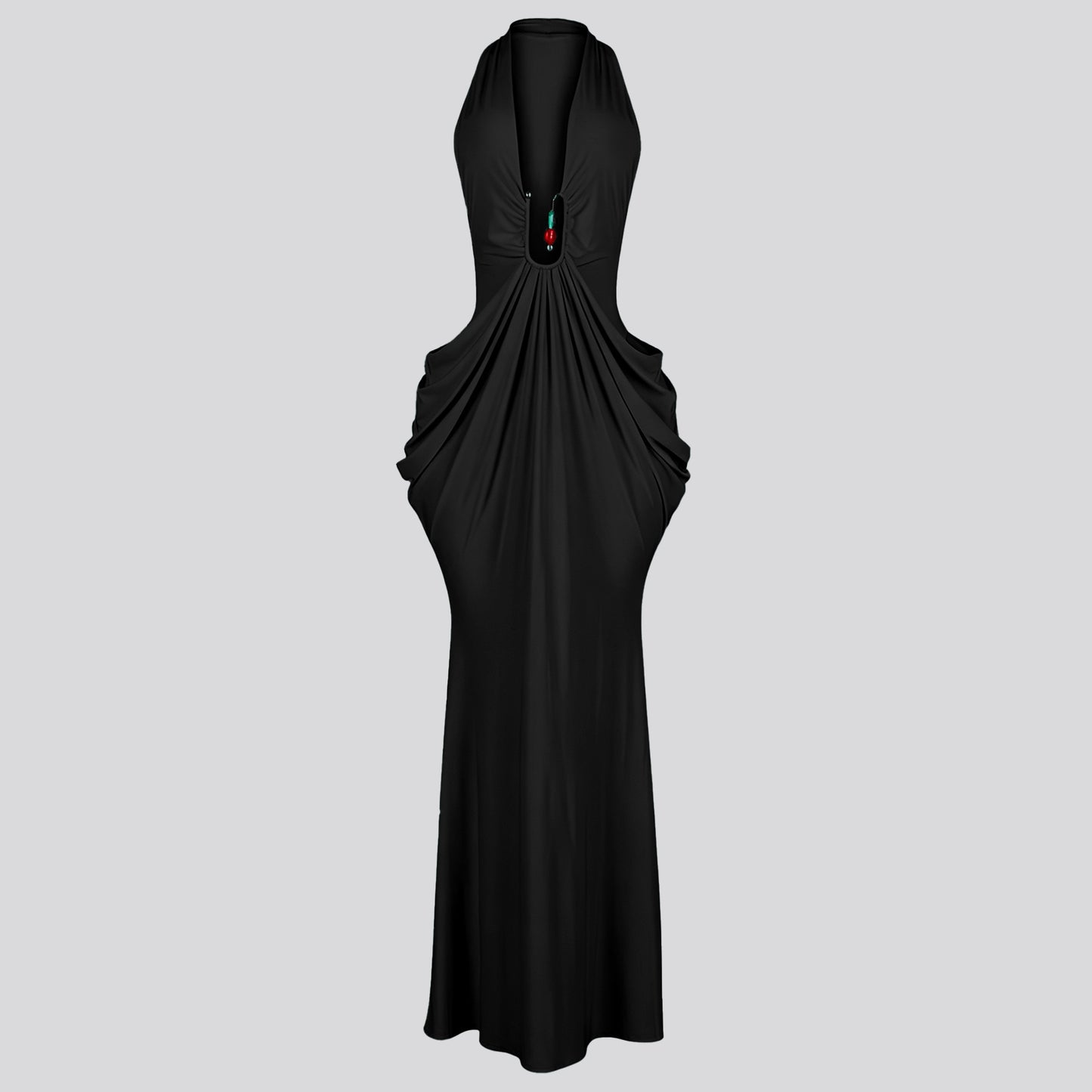 Women's Halter V-Neck Maxi Dress – Sexy Backless Lace-Up Ruched Bodycon Dress