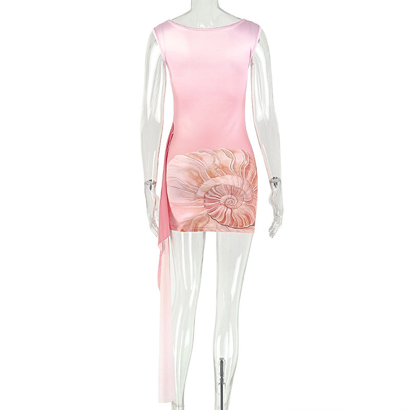 Graphic Print Bodycon Mini Dress | Asymmetric Crew Neck Sleeveless Party Dress | Pink